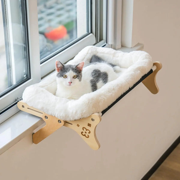 Adjustable 2-in-1 Wooden Cat Window Hammock with Soft Bed