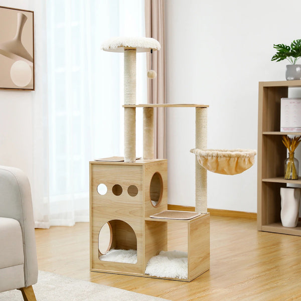 Árbol para gatos de madera con postes rascadores de sisal, acogedor apartamento y hamaca