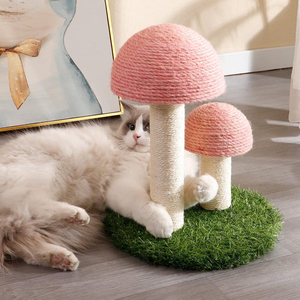 Arbre à chat en forme de champignon avec capuchons en sisal naturel, poteau à gratter et base robuste pour chatons et petits chats