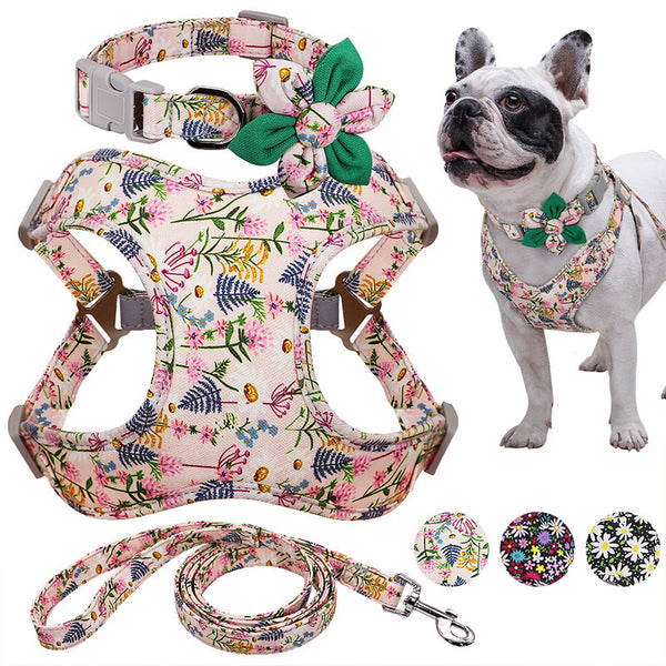 Conjunto de arnés y correa de nailon con estampado de flores para perros pequeños, medianos y grandes, arnés para perros, chaleco, collar, correas para cachorros de chihuahua