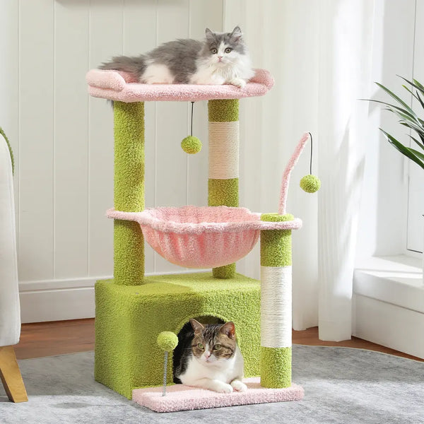 Árbol para gatos de interior de varios niveles con gran condominio, hamaca profunda y postes para rascar