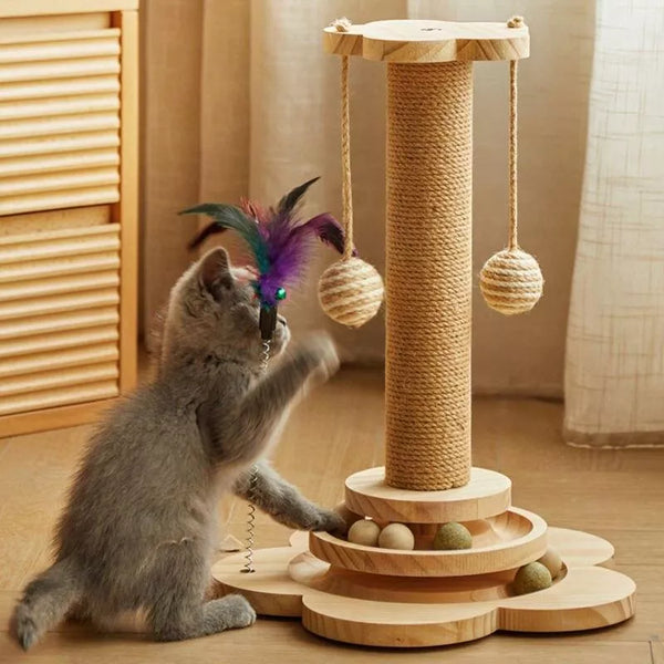 Torre rascadora para gatos de madera de pino con bolas giratorias interactivas