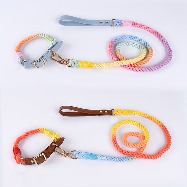 Woven Cotton Rope Leather Pet Dog Collar Suit