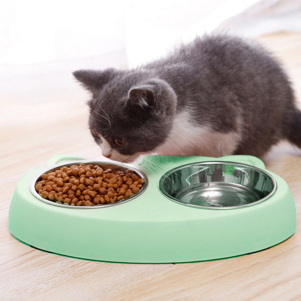 Cuencos dobles para mascotas, cuenco de acero inoxidable para comida y agua de mascotas con soporte de plástico antiderrames, cuenco para comida y bebida para gatos y perros de interior