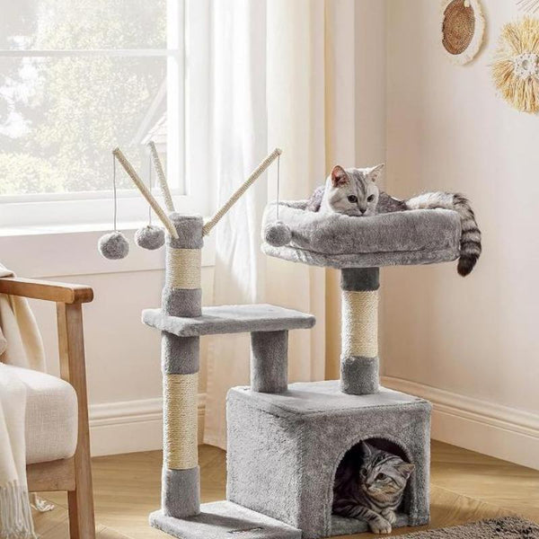 Arbre à chat gris fumé avec perchoir rembourré et centre d'activités