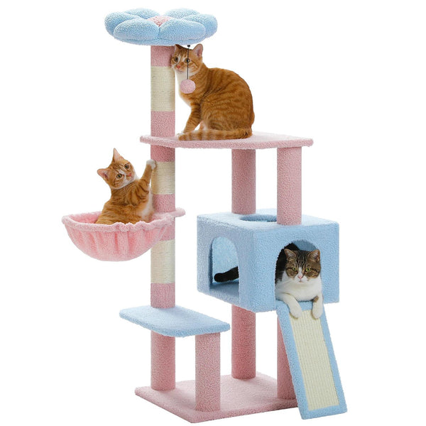 Árbol para gatos con flores de 47 pulgadas, torre de varios niveles con postes rascadores de sisal y cómoda percha para gatos de interior