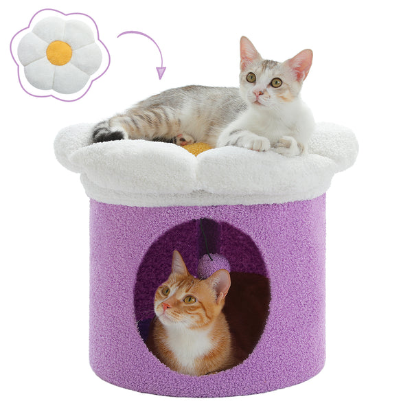 Maison pour chat confortable avec pompon et fleurs - Condo pour chat à deux étages