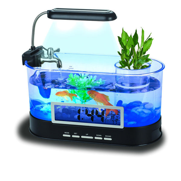 Mini acuario con transmisión por USB para escritorio, hora, fecha, semana, alarma de temperatura, soporte para bolígrafo transparente