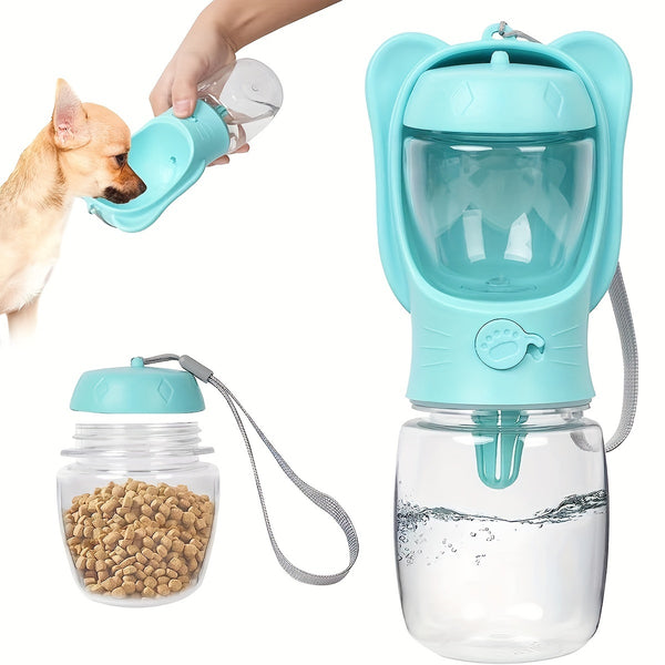 Botella de agua para perros 2 en 1, botella de agua portátil a prueba de fugas para mascotas con recipiente para alimentos, dispensador de agua portátil para exteriores para perros, suministros para cachorros para caminar, senderismo, acampar, viajar