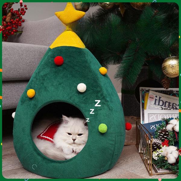 Christmas Cat And Dog Nest Warm Comfortable Plush Teddy Pet Bed Cave Bed Shape Tree Cat Nest Detachable And Washable Pet Supplies