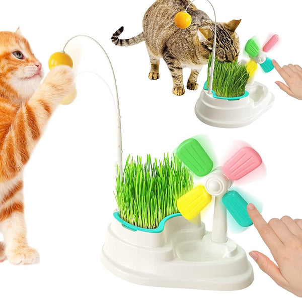 Jouet pour chat interactif d'intérieur avec pot d'herbe à chat Kit de jouet multifonctionnel pour chat Moulin à vent à grande base Jouet interactif pour chat