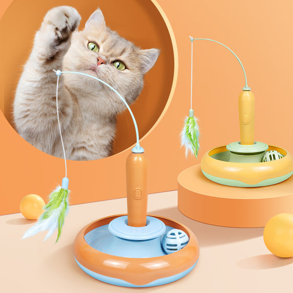 Jouet pour chat 2 en 1 avec plumes pour jeu autonome Plateau tournant pour chat Fournitures pour animaux de compagnie Jouets pour chats Articles pour chats Produits