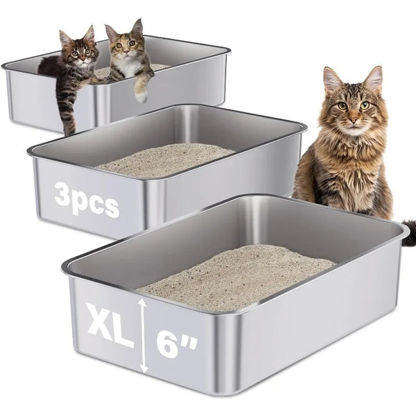 Caja de arena para gatos de acero inoxidable, paquete de 3