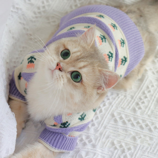 Retro Purple Flower Sweater Cute Pet Cat Dog Autumn And Winter Knitted Clothes