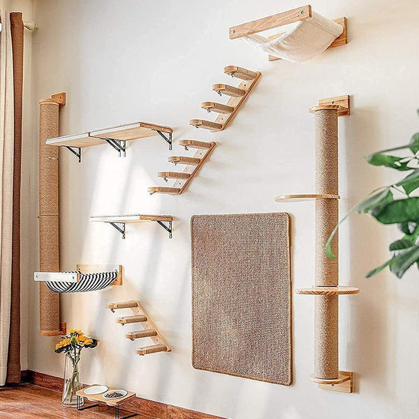 Plataforma de salto de pared colgante con poste de agarre de lino y cuerda para gatos