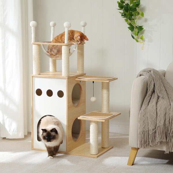 Modern Wooden Cat Tree Tower with 2-Floor Condo, Scratching Posts