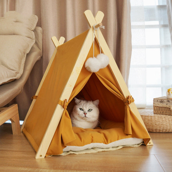 Tienda de campaña para mascotas con arena para gatos, extraíble y lavable, lona a rayas de madera maciza